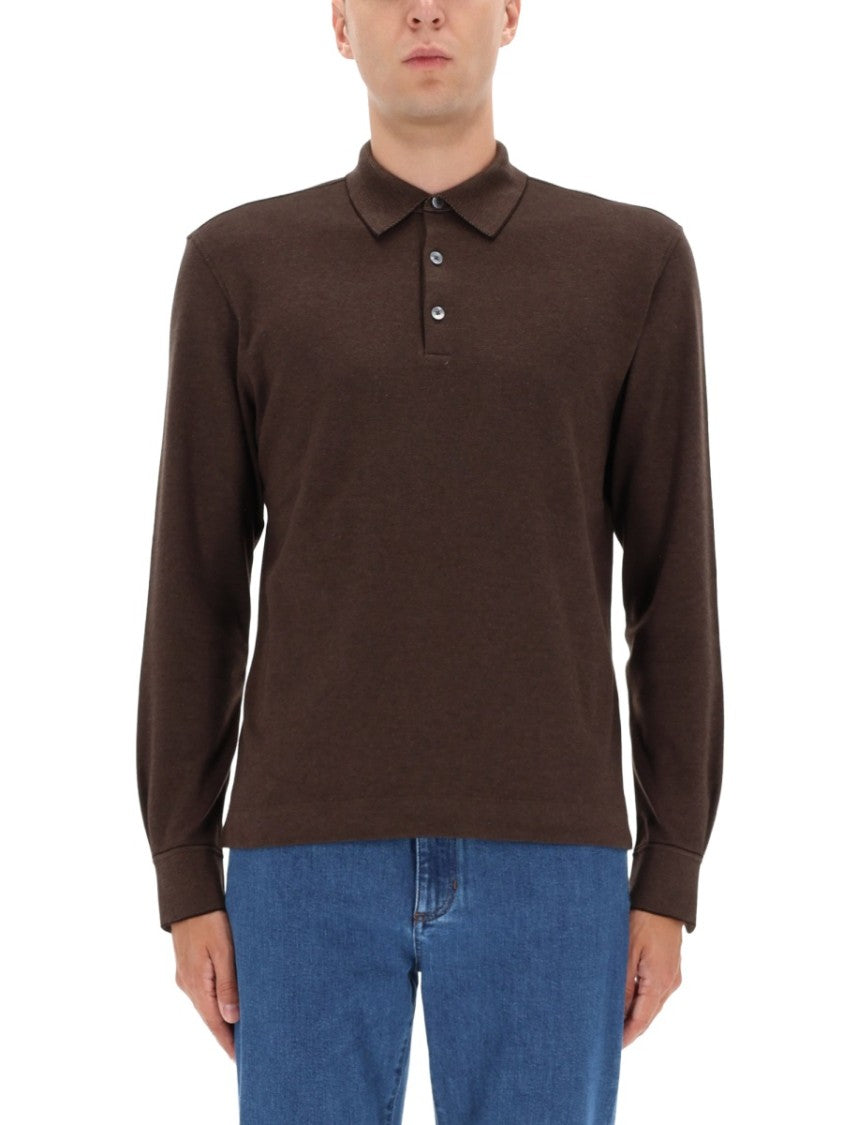 Zegna Long-Sleeve Brown Polo Shirt With Classic Collar And Minimalist Design