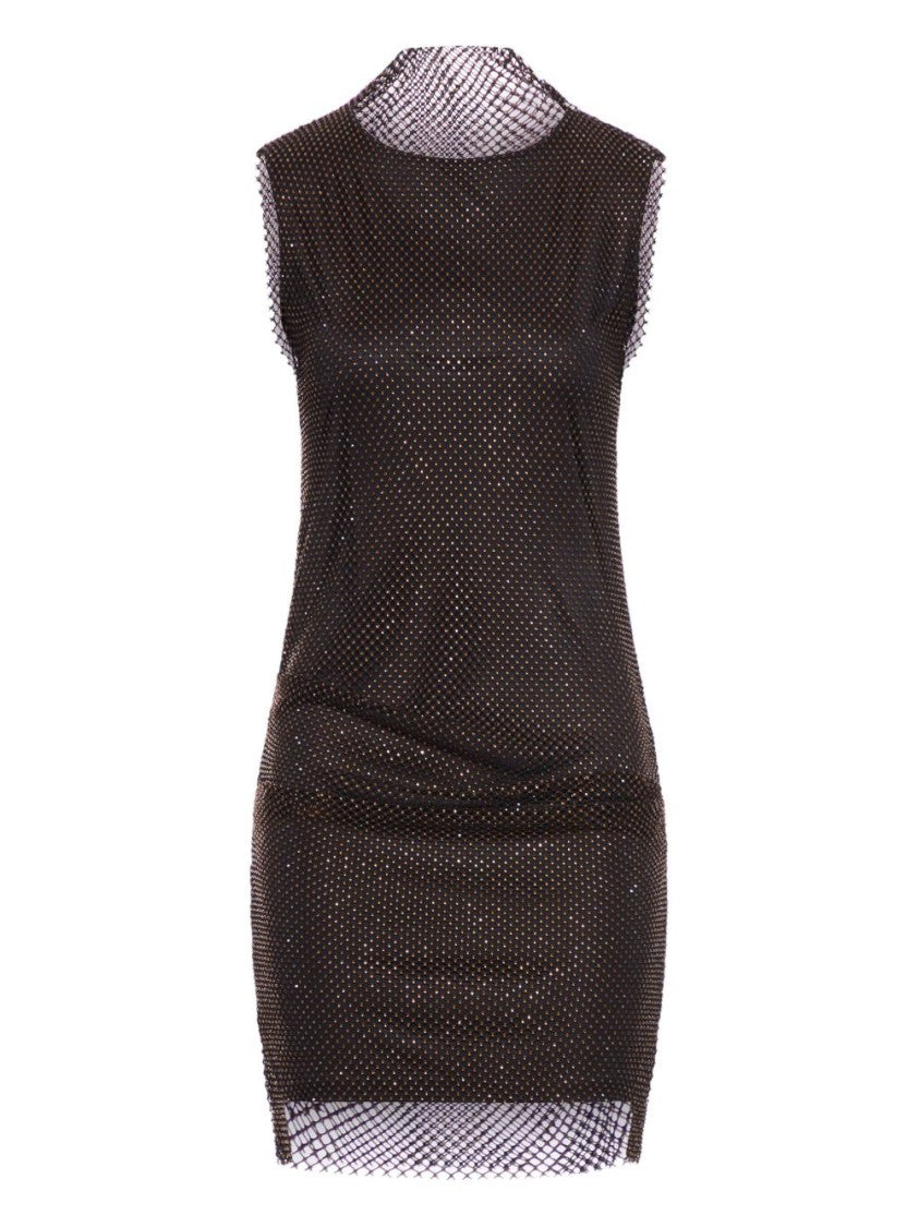 Sportmax Rhinestone-Embellished Black Sleeveless Mini Dress With High Collar