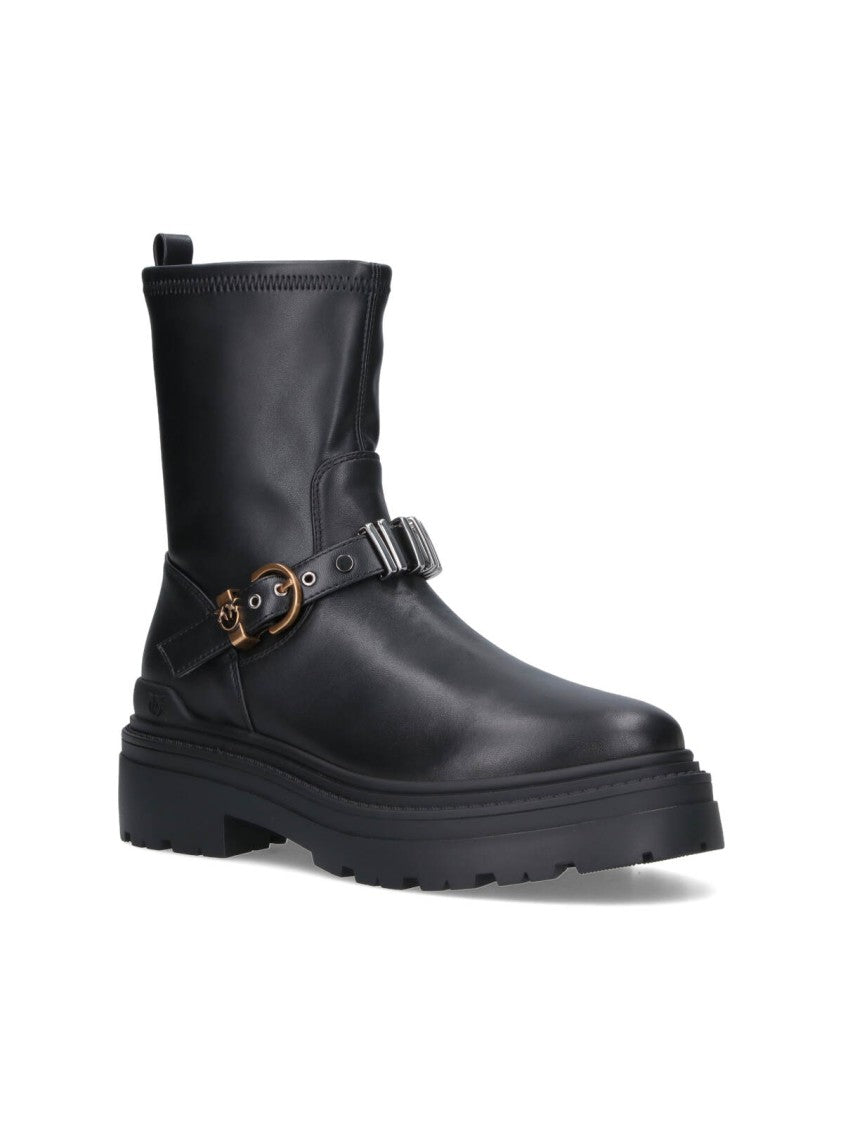 Pinko Rounded Toe Black Leather Ankle Boots With Front Strap