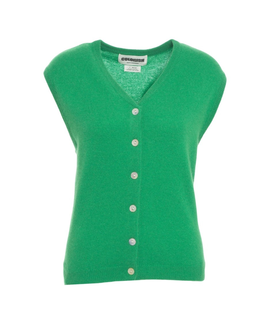 Crush Cashmere Gilet With V-Neck And Button Closure