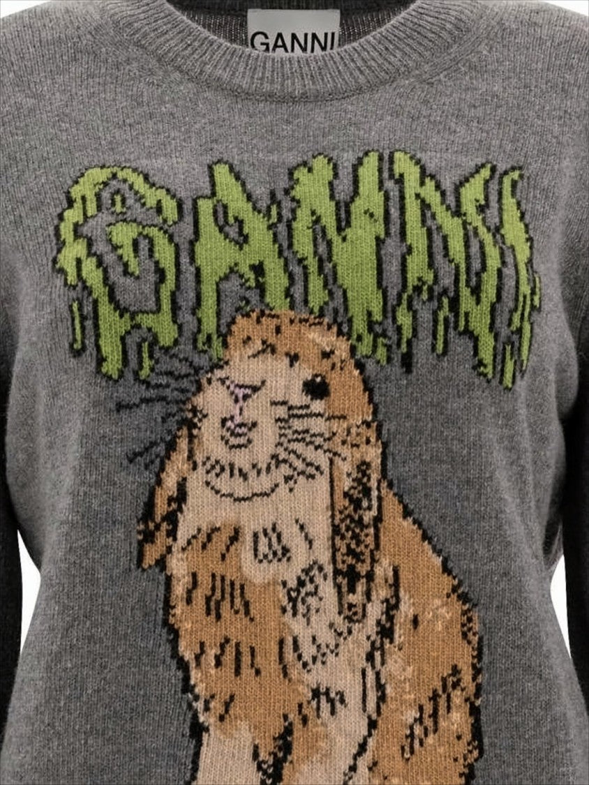 Ganni Medium-Grey Knit Sweater With Whimsical Bunny Graphic