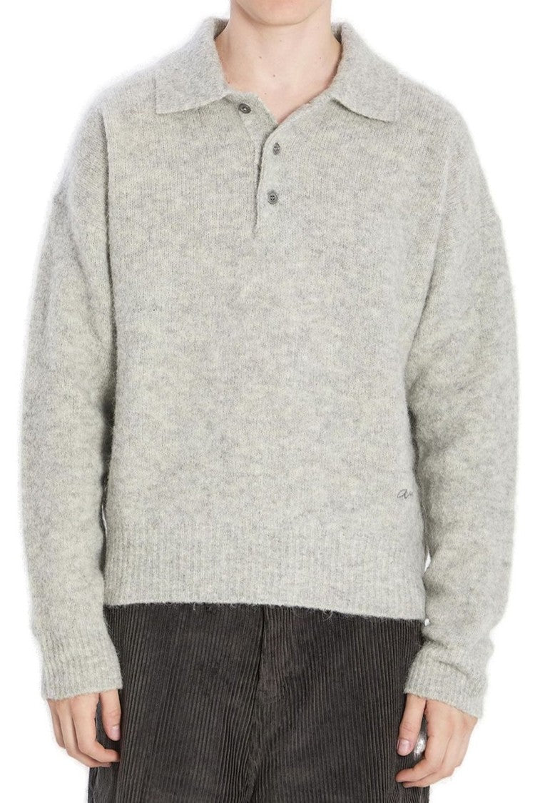 Ami Light Grey Knit Sweater With Polo Collar And Three-Button Placket