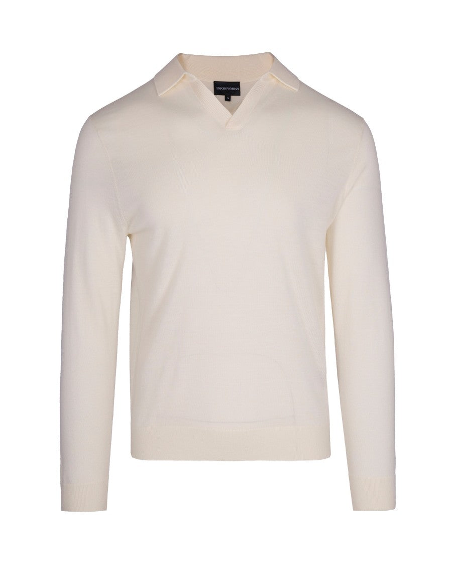 Emporio Armani Semi-Transparent Virgin Wool Knit Top With V-Neck And Shirt Collar