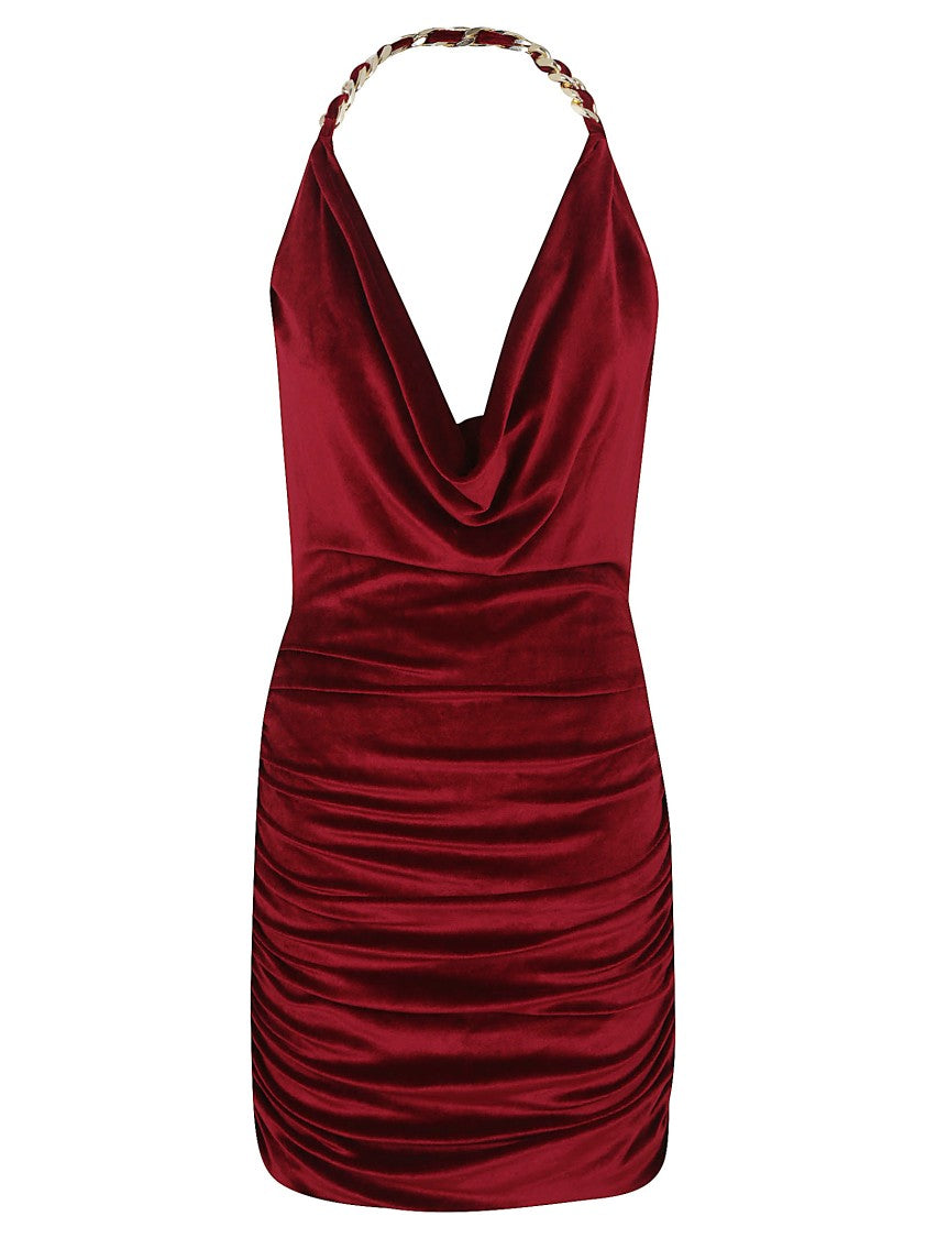 Balmain Chain Strap Draped Velvet Short Dress