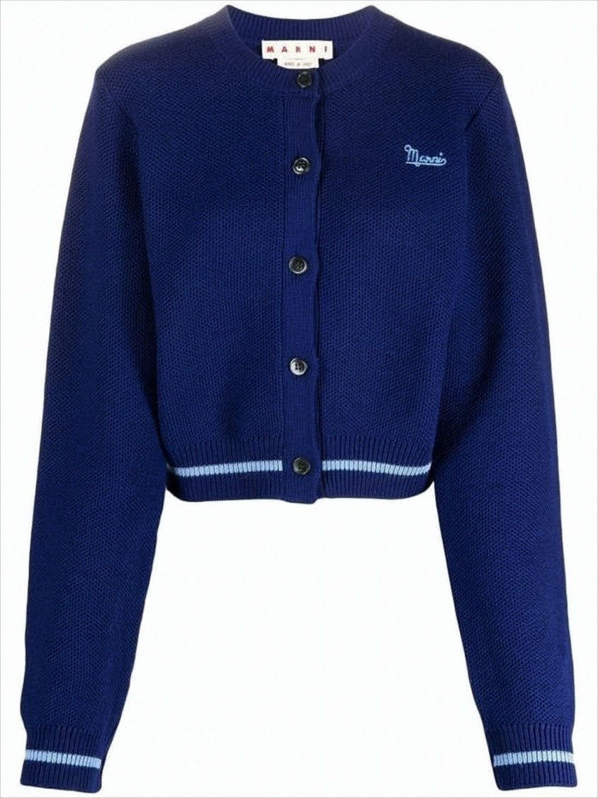 Marni Cropped Deep Navy Cardigan With Textured Wool And Contrasting Stripes