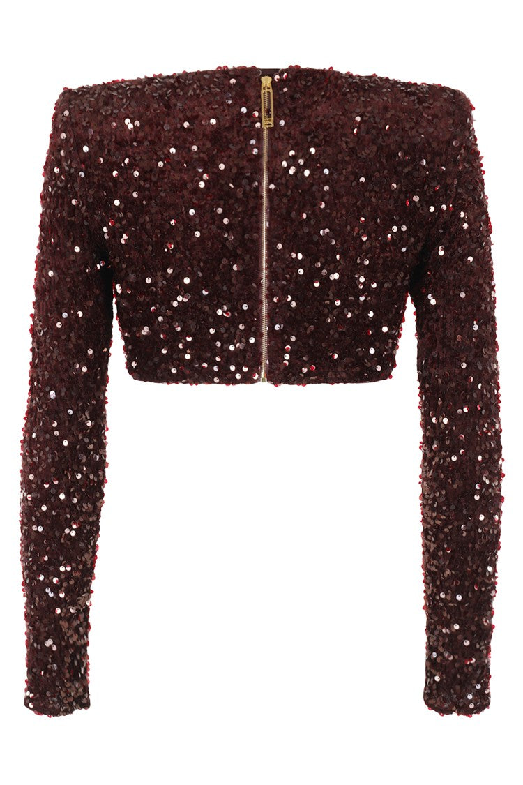 Elisabetta Franchi Cropped Merlot Sequin Top