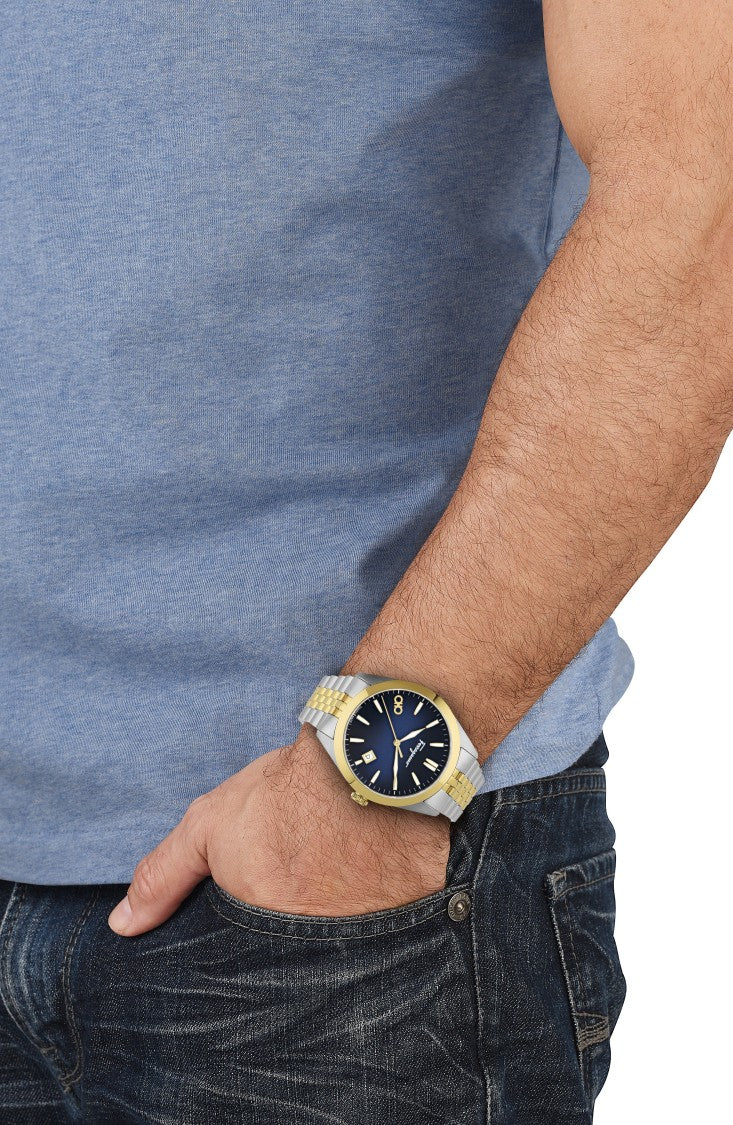 Ferragamo Two-Tone Bracelet Watch With Blue Sunray Dial And Deployant Buckle