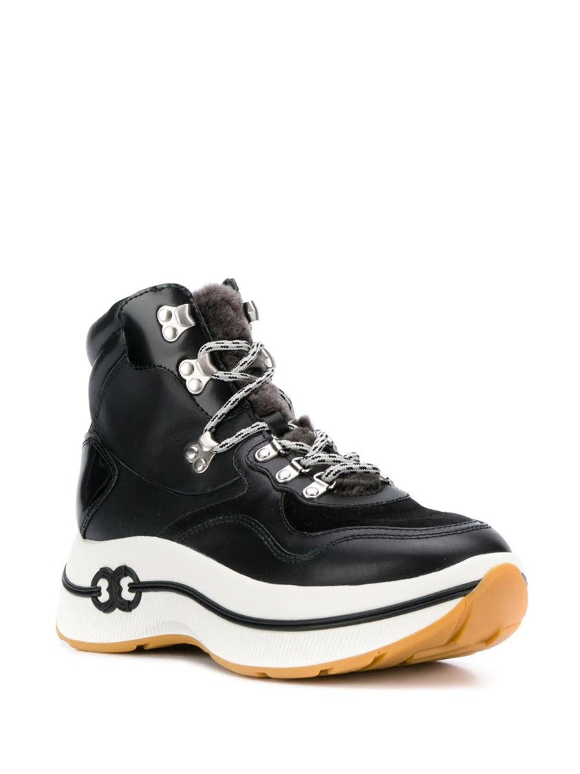 Tory Burch Long Black Leather Boots With Padded Ankle Collar And Contrasting Sole
