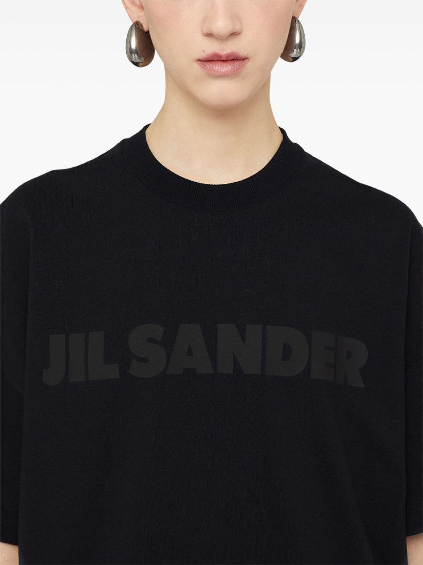 Jil Sander Round Neck Black Cotton T-Shirt With Tonal Logo Print