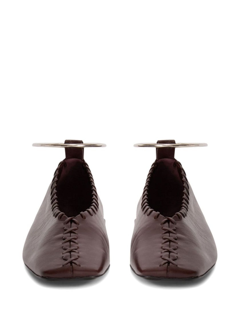Jil Sander Mahogany Leather Ring Ballerina With Stitched Detail