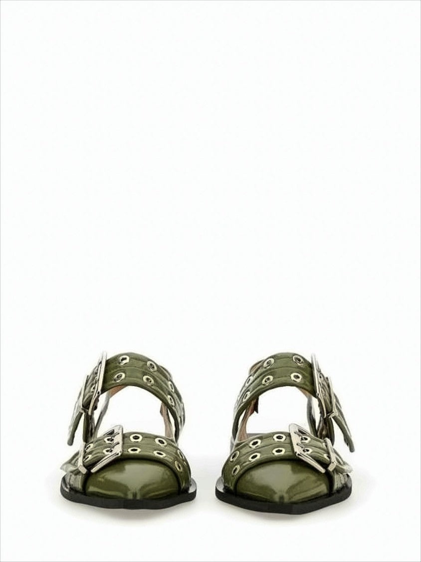 Ganni Glossy Olive Green Leather Flat Shoes With Buckle Detailing