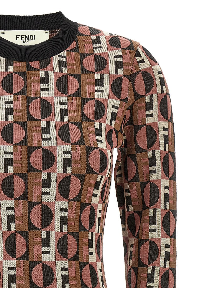 Fendi Shiny Jacquard Viscose Mini Dress With Geometric Pattern
