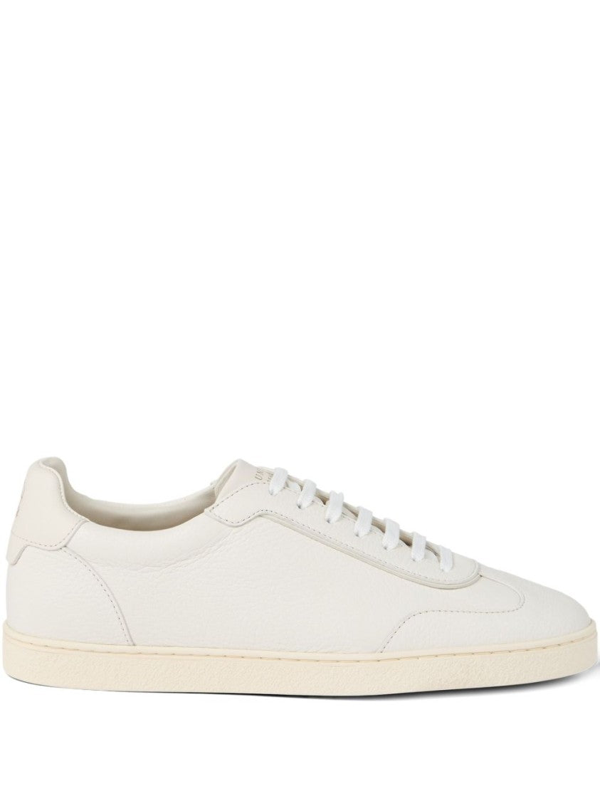 Brunello Cucinelli Minimalist Beige Leather Sneakers With Textured Sole