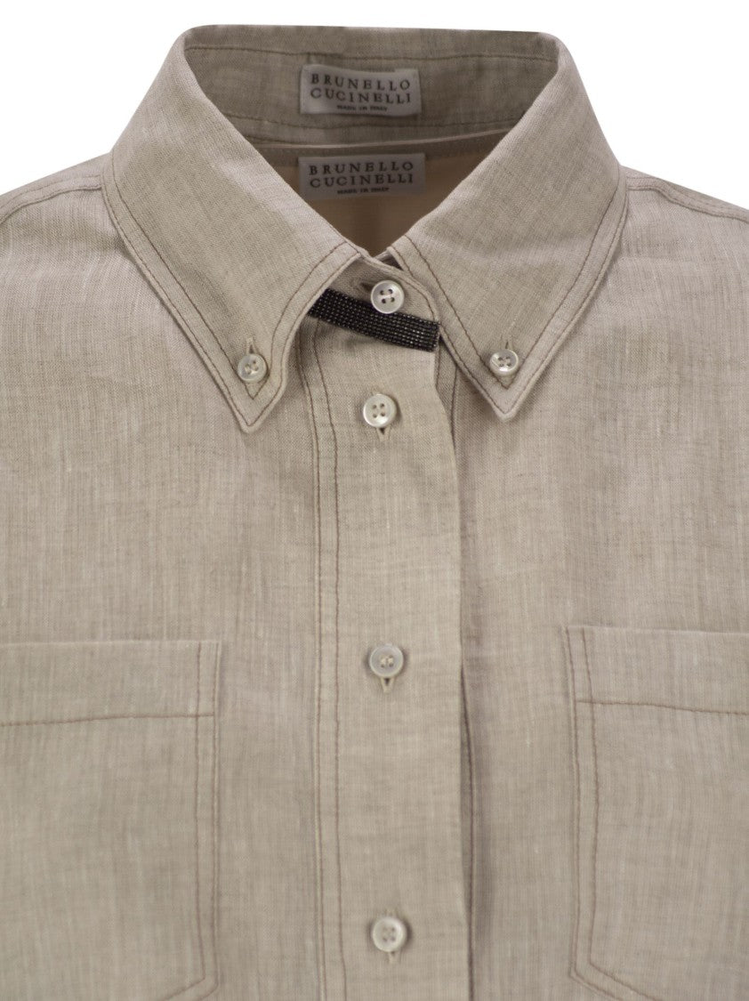 Brunello Cucinelli Dress In Linen With Shiny Collar