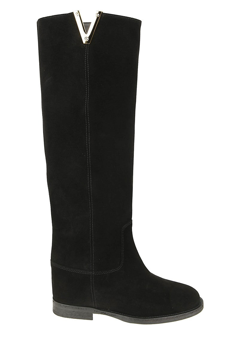 Via Roma 15 Tall Black Leather Ankle Boots With Metallic Accent