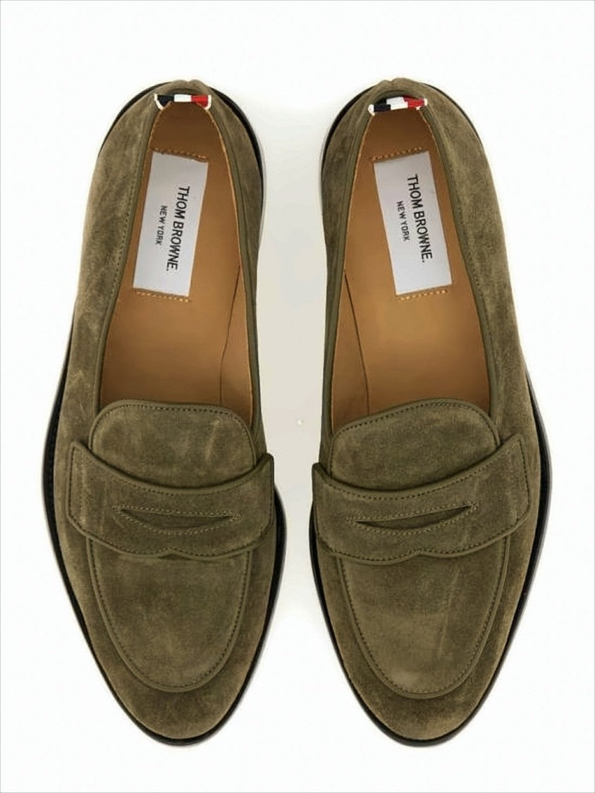 Thom Browne Suede Loafers With Rounded Toe And Tricolor Detail
