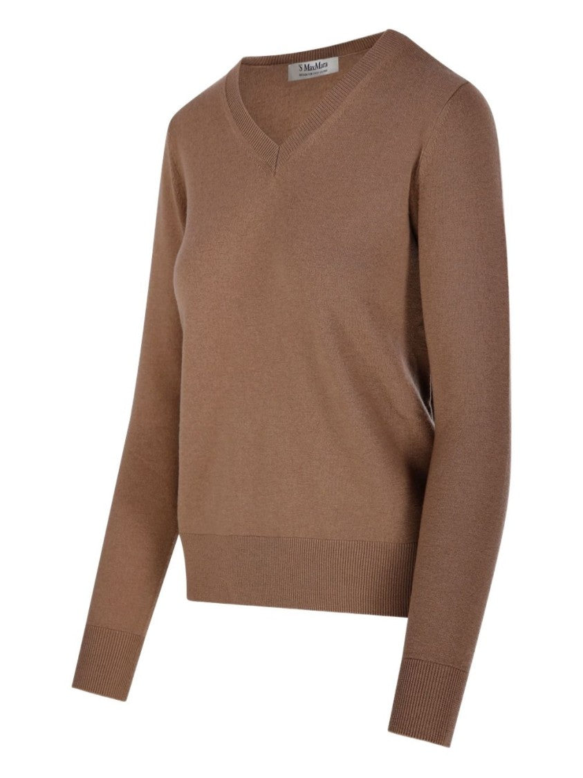 Max Mara Camel V-Neck Knit Sweater With Ribbed Cuffs