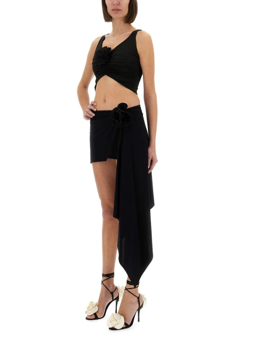 Magda Butrym Fitted Black Top With V-Neckline And Floral Embellishment