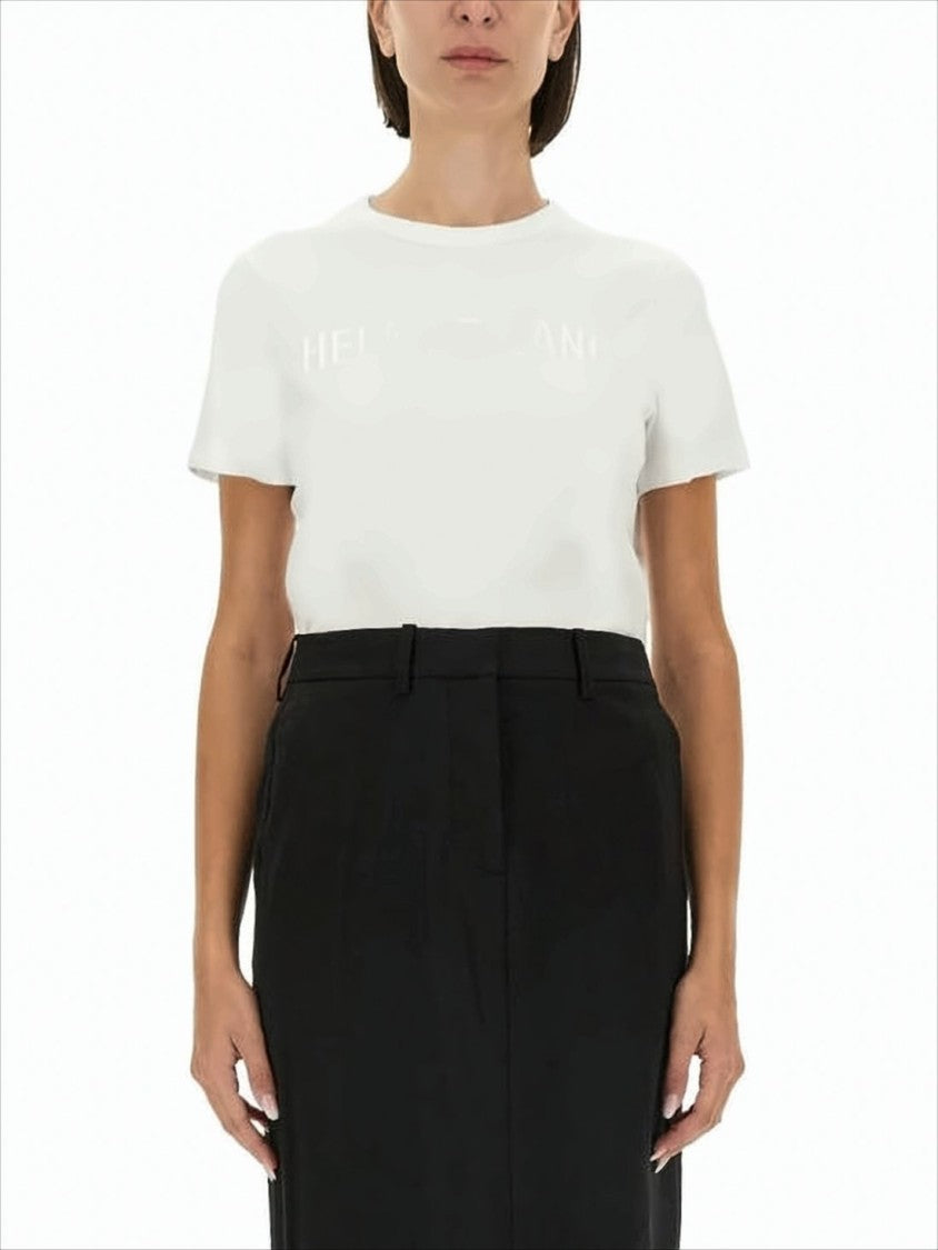 Helmut Lang Fitted White Cotton T-Shirt With Embossed Lettering