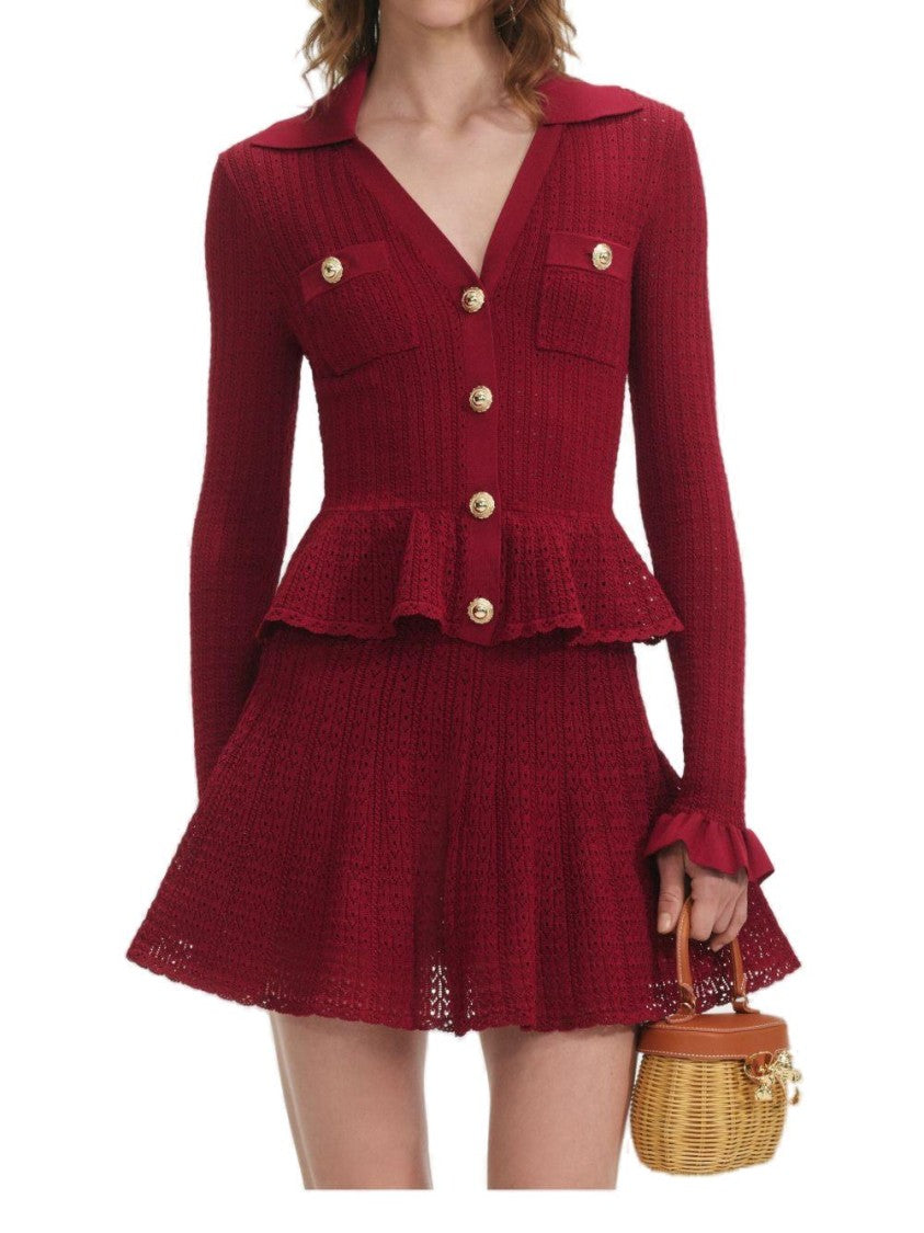 Self-Portrait Burgundy Pointelle Knit Mini Dress