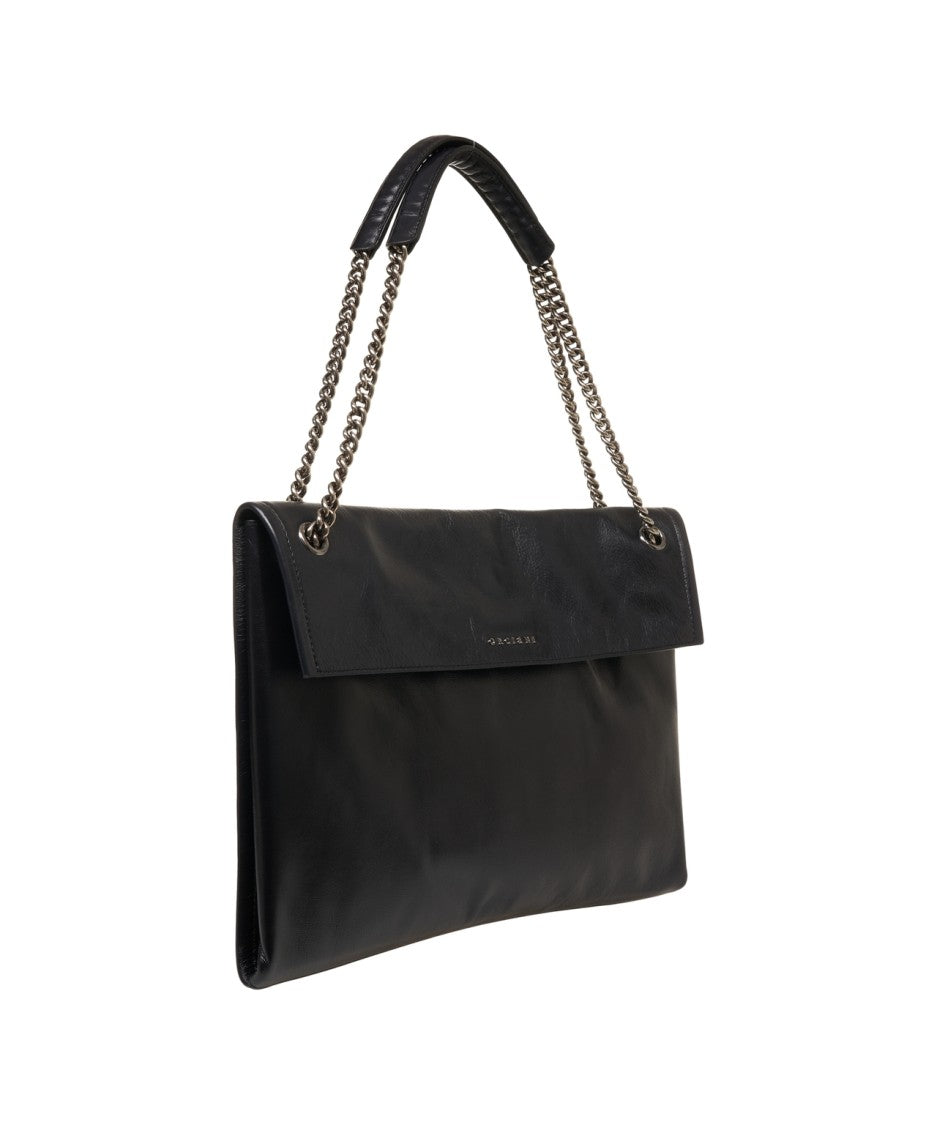 Orciani Polished Black Smooth Leather Shoulder Bag With Chain Straps