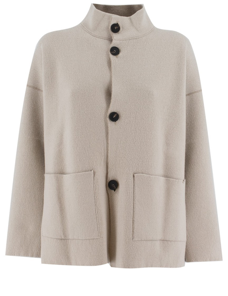 Le Tricot Perugia Boxy Taupe Beige Jacket With Three-Button Closure