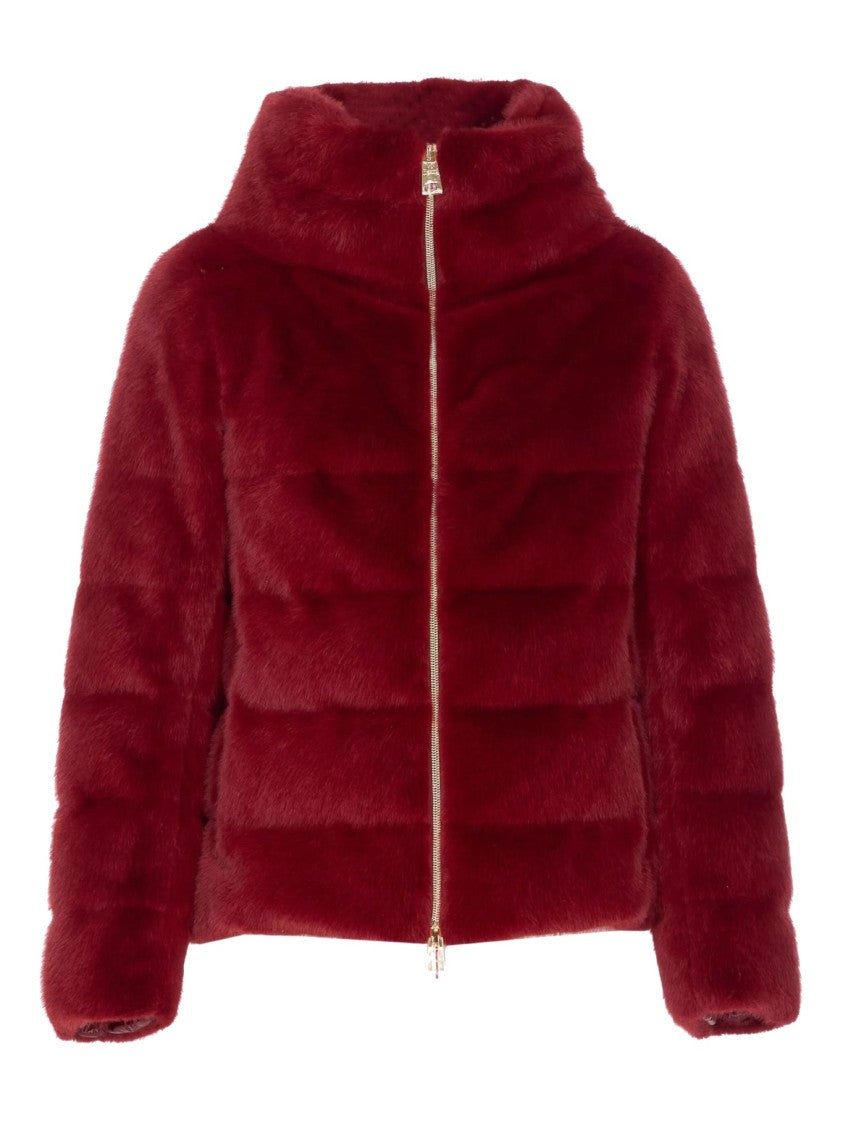 Herno Plush Bordeaux Synthetic Fur Jacket With High Collar