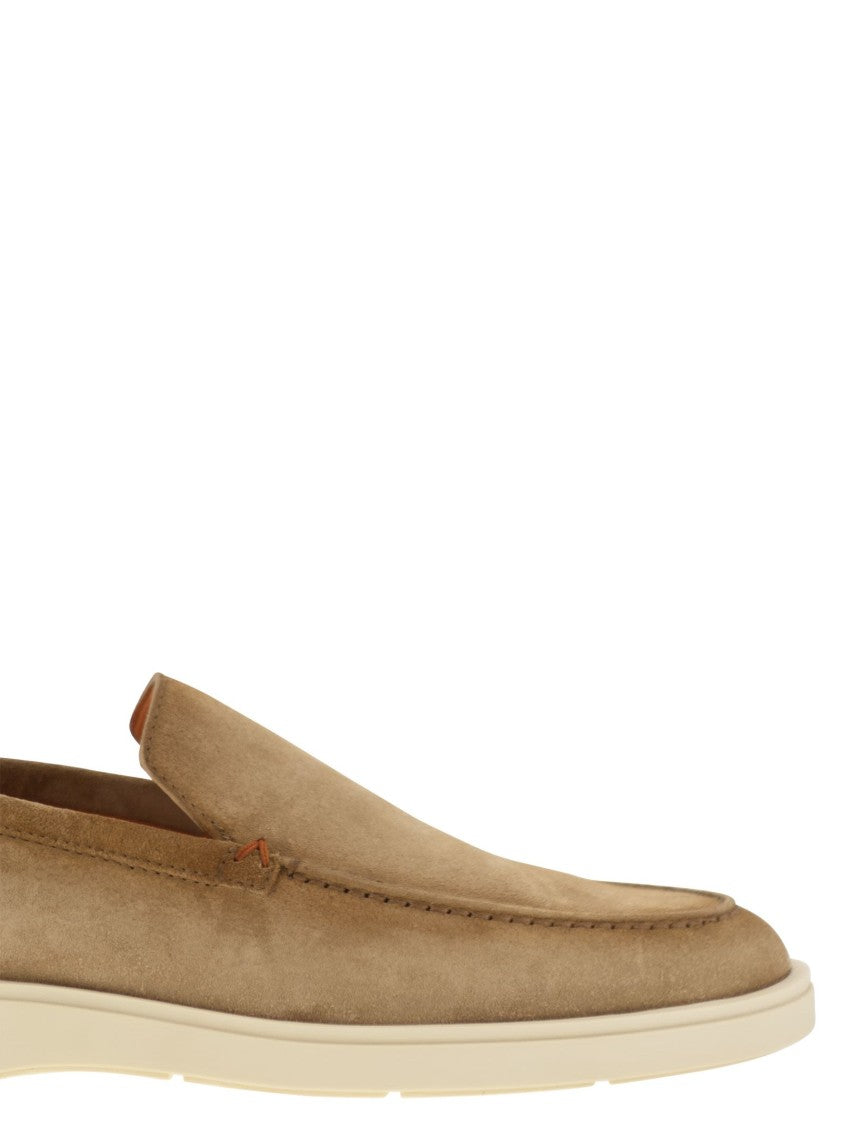 Santoni Suede Moccasin With Orange Thread Detailing