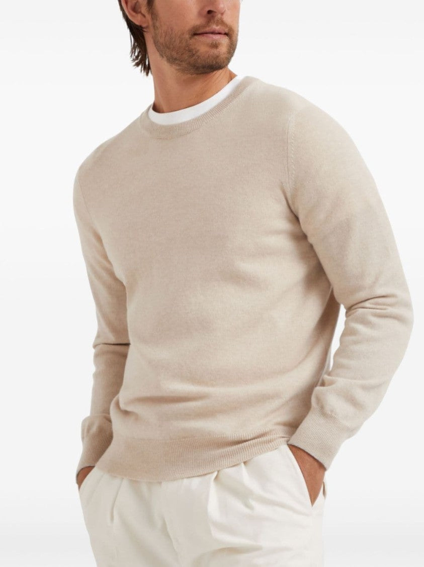 Brunello Cucinelli Beige Cashmere Sweater With Classic Crew Neckline