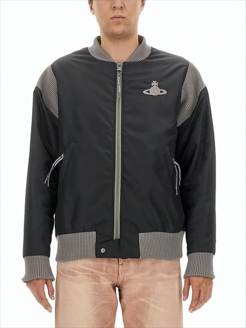 Vivienne Westwood Black Bomber Jacket With Ribbed Knit Details