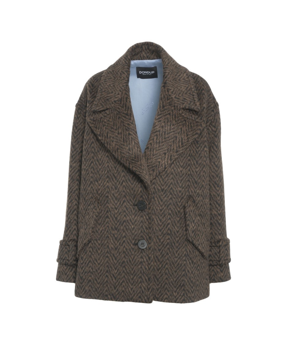 Dondup Short Herringbone Peacoat With Notched Collar And Tailored Details