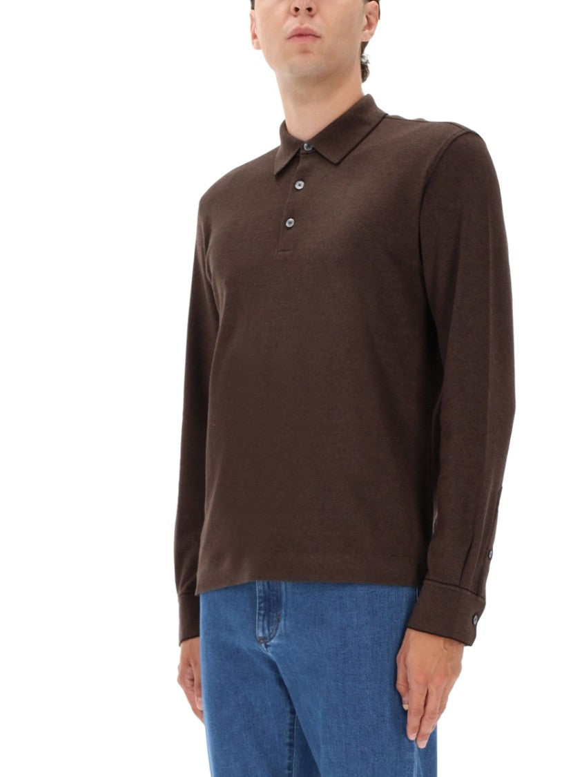 Zegna Long-Sleeve Brown Polo Shirt With Classic Collar And Minimalist Design