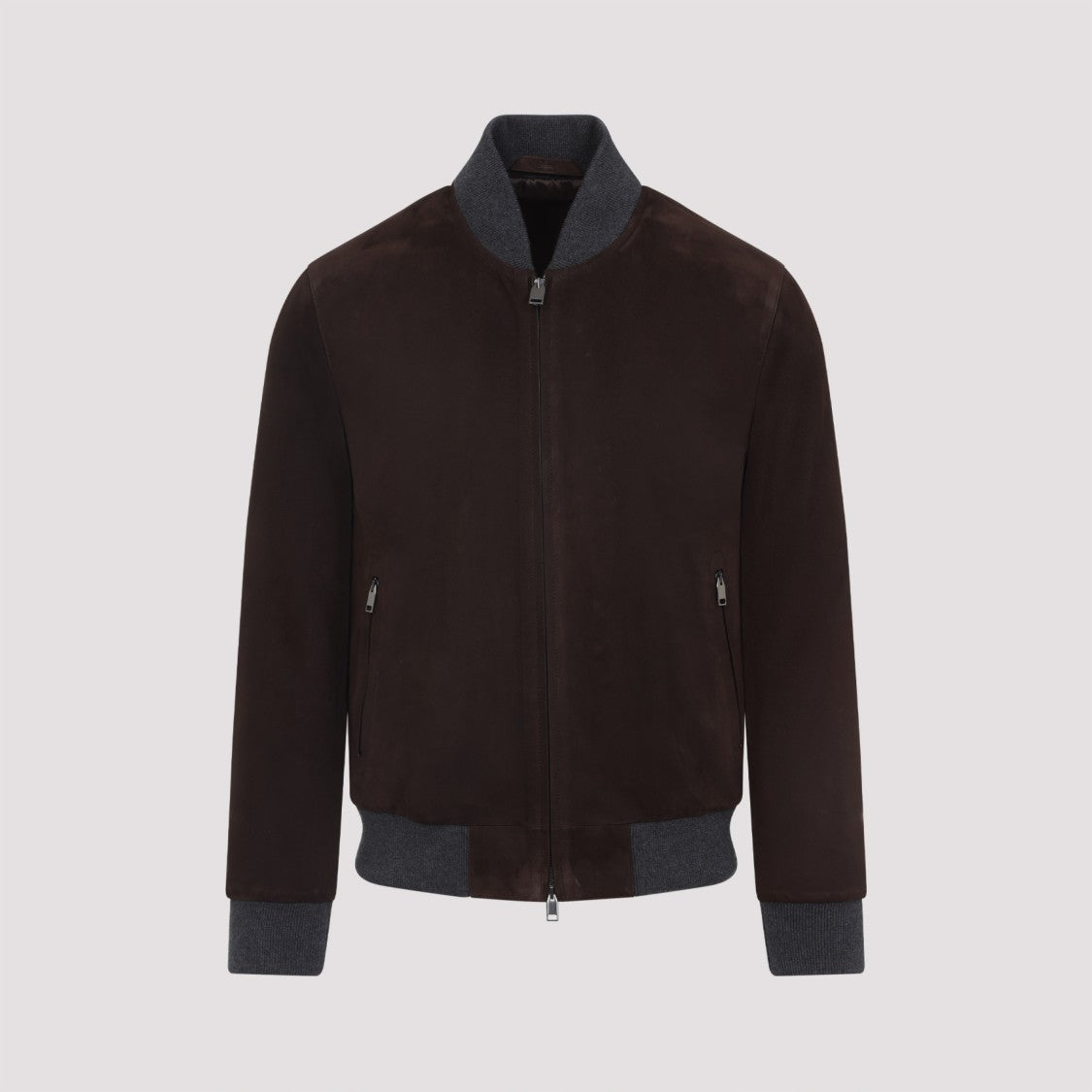 Brioni Suede Leather Bomber Jacket With Ribbed Cuffs