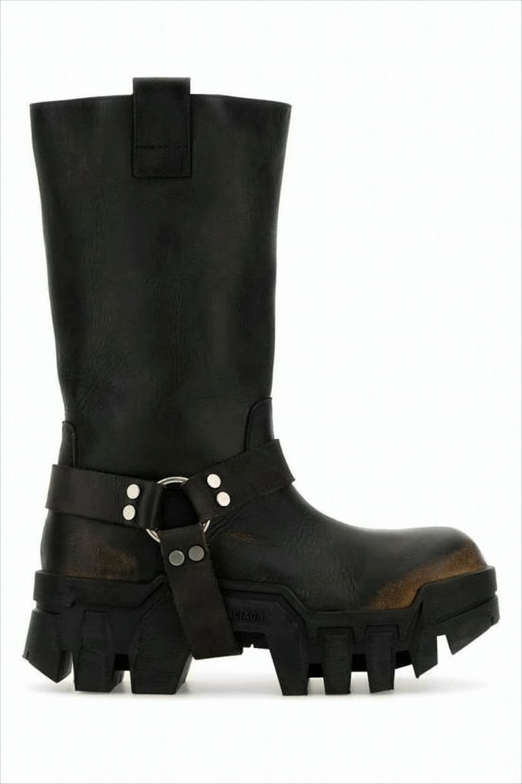 Balenciaga Mid-Calf Black Calf Leather Boots With Harness Strap And Chunky Sole