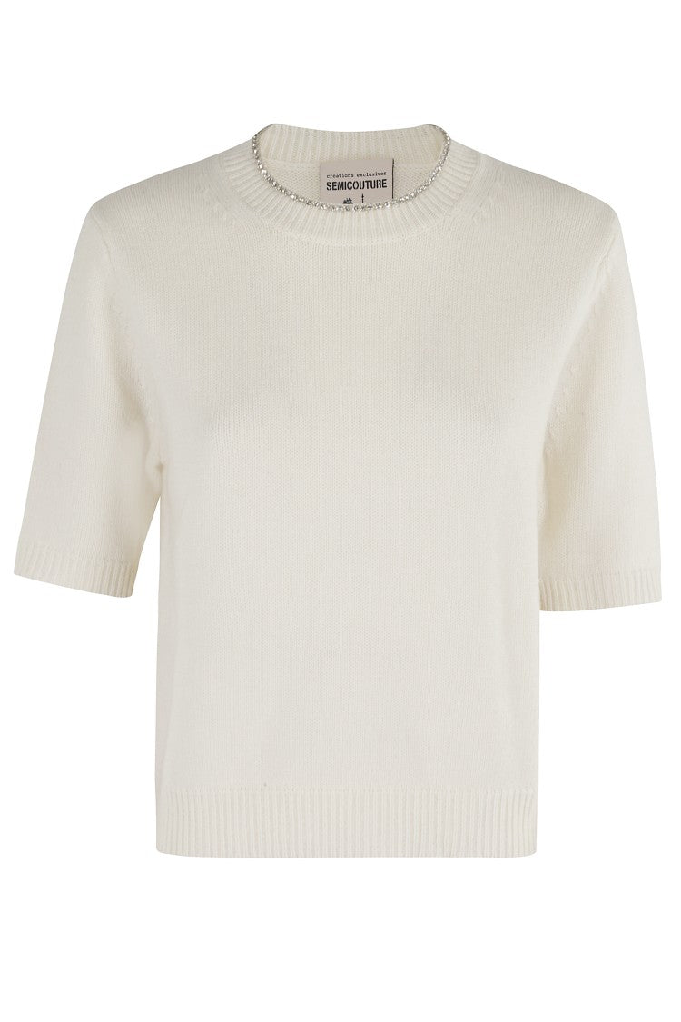 Semi Couture Short-Sleeve Leya Sweater With Rhinestone Neckline