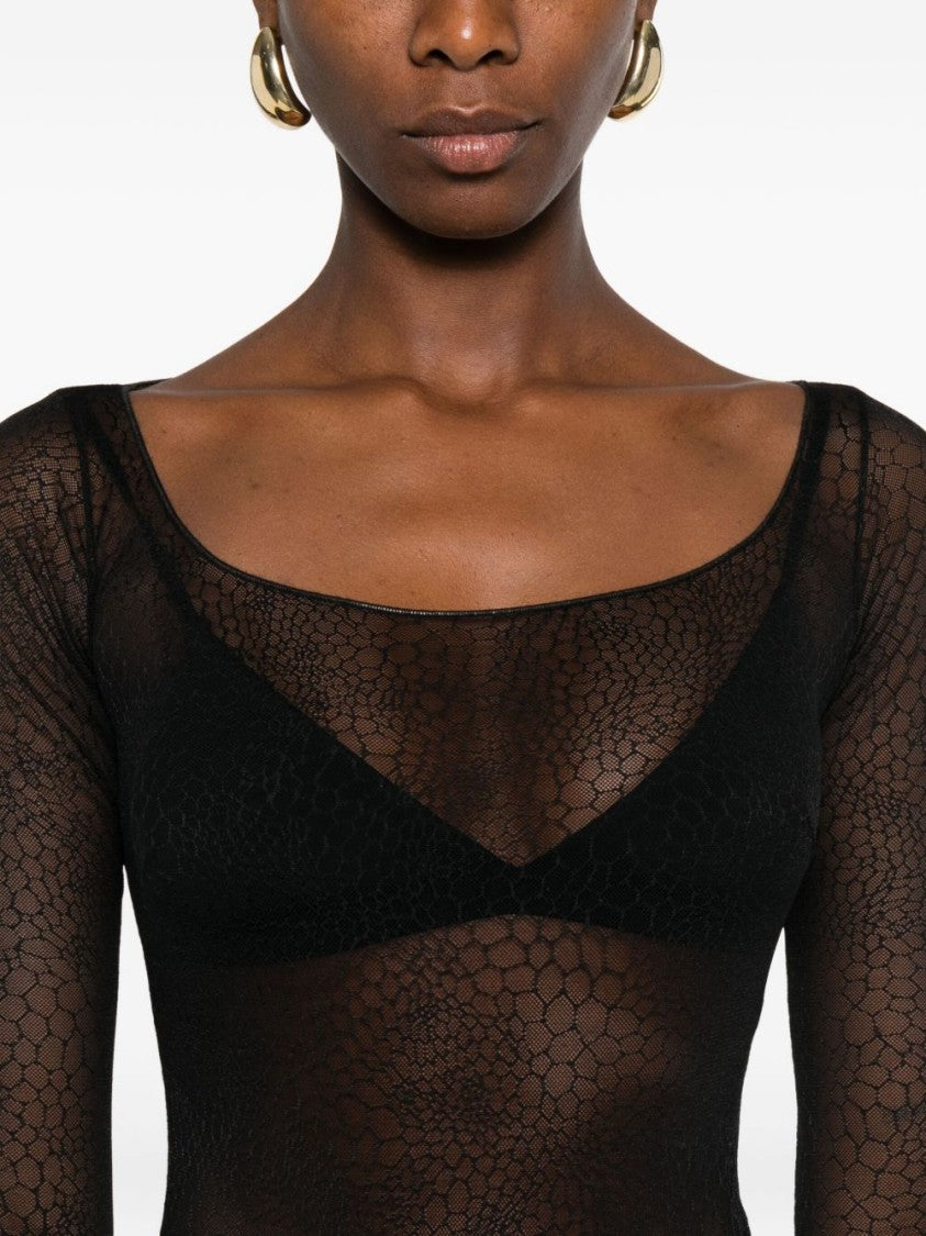 Elisabetta Franchi Sheer Black Bodysuit With Subtle Hexagonal Mesh
