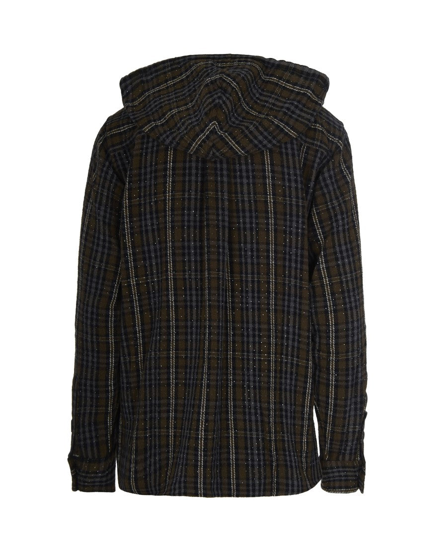 P.A.R.O.S.H. Olive Green Tartan Pattern Shirt With Hood And Sequin Accents