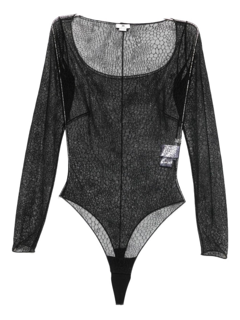 Elisabetta Franchi Sheer Black Bodysuit With Subtle Hexagonal Mesh