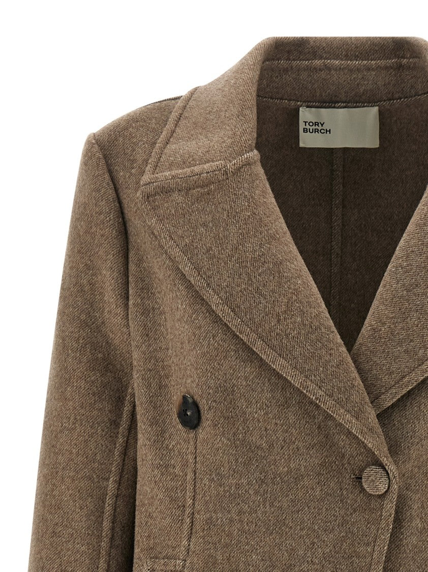 Tory Burch Double-Breasted Mélange Wool Coat With Classic Lapel And Relaxed Fit