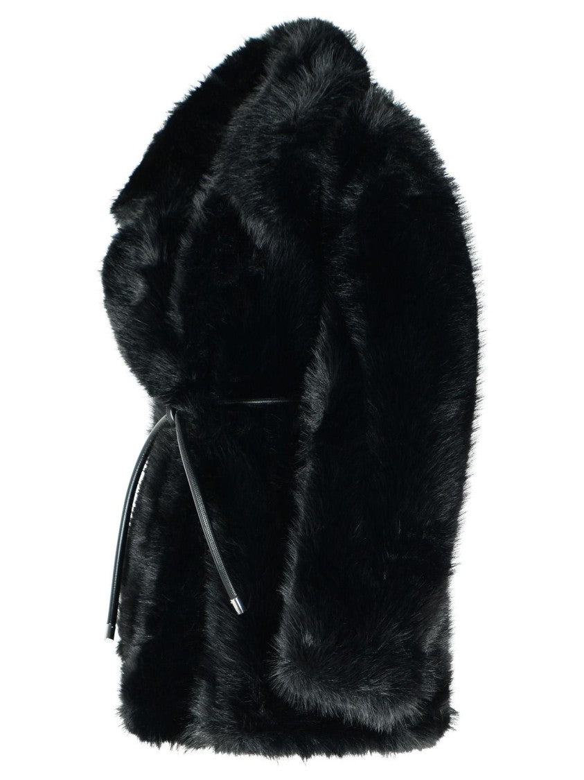 Sportmax 'Rosaria' Black Faux Fur Belted Jacket