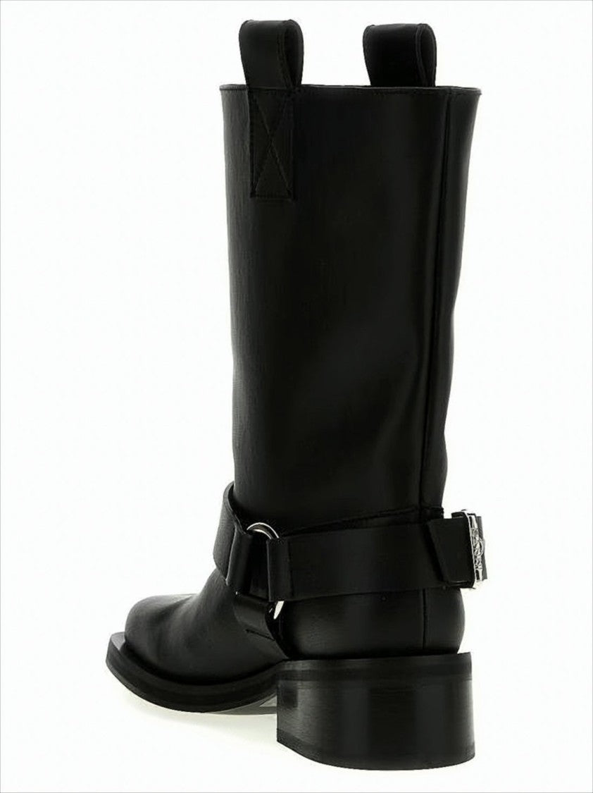 Ganni Mid-Calf Leather Boots With Decorative Strap And Buckle Detail