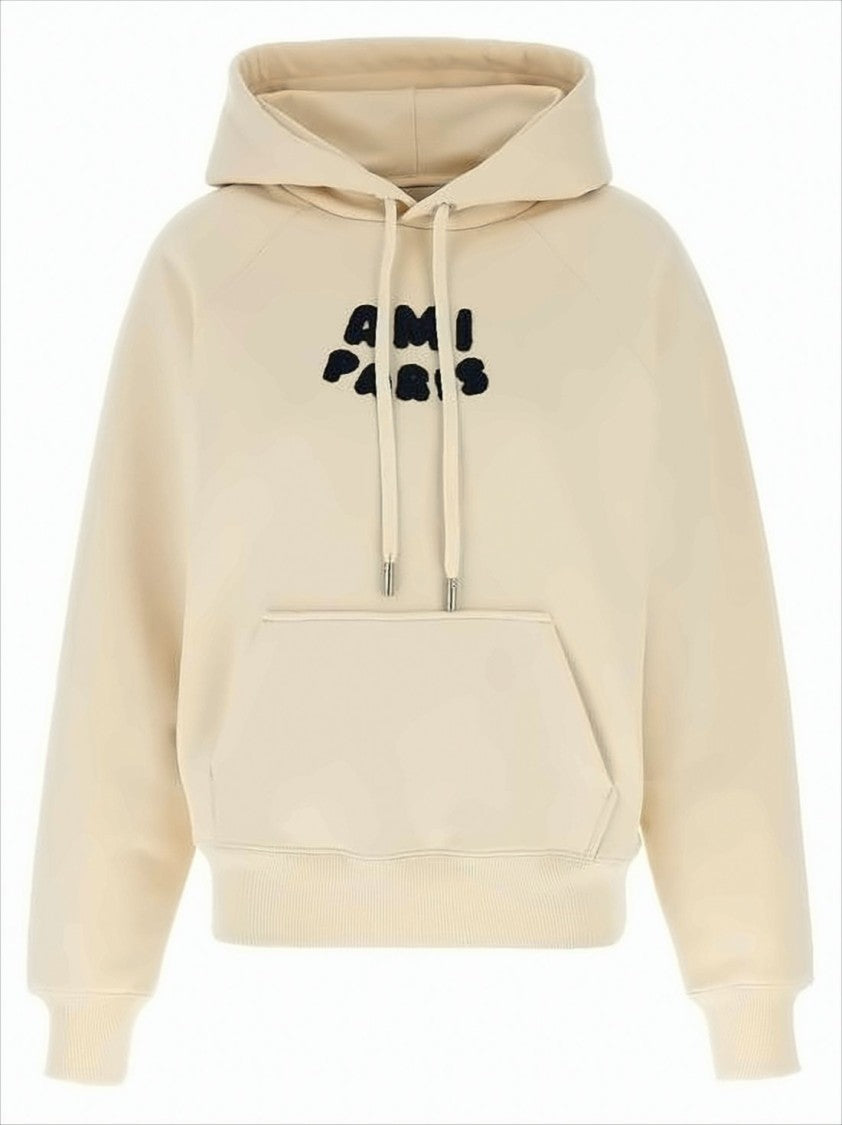 Ami Cropped Hoodie With Textured Lettering In Soft Beige