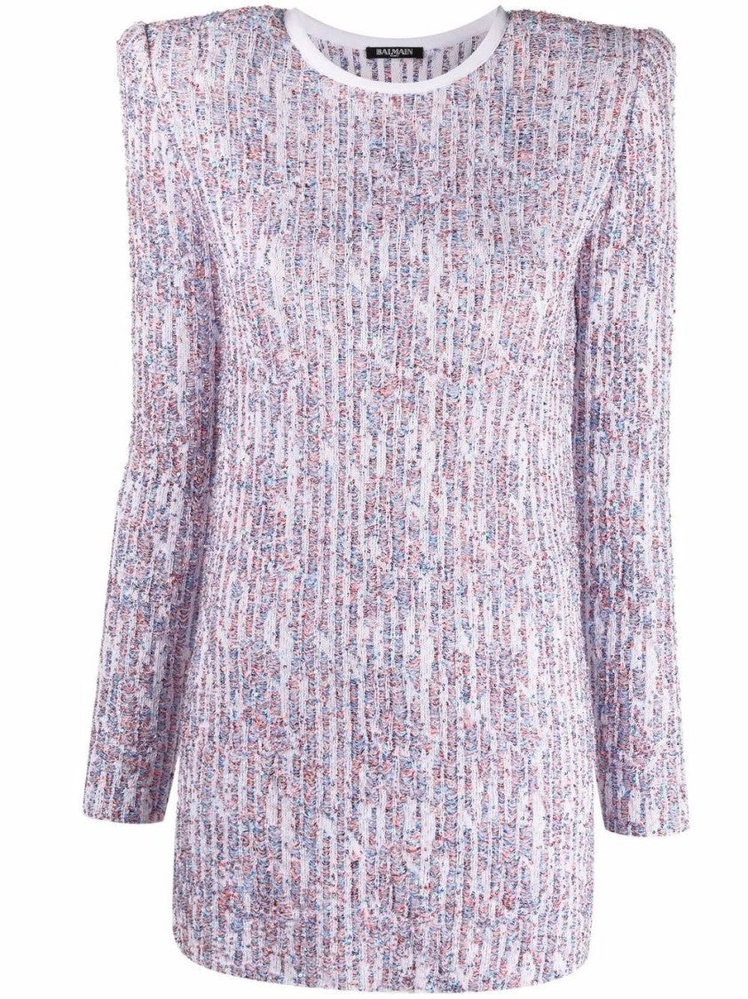 Balmain Textured Knit Mini Dress With Structured Shoulders And Speckled Pattern