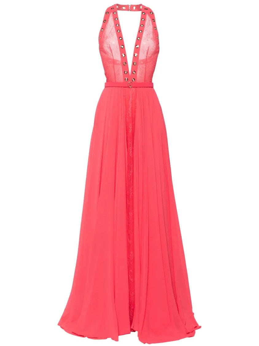 Saiid Kobeisy Red Eyelet Detail Full-Skirt Dress With Deep V-Neck