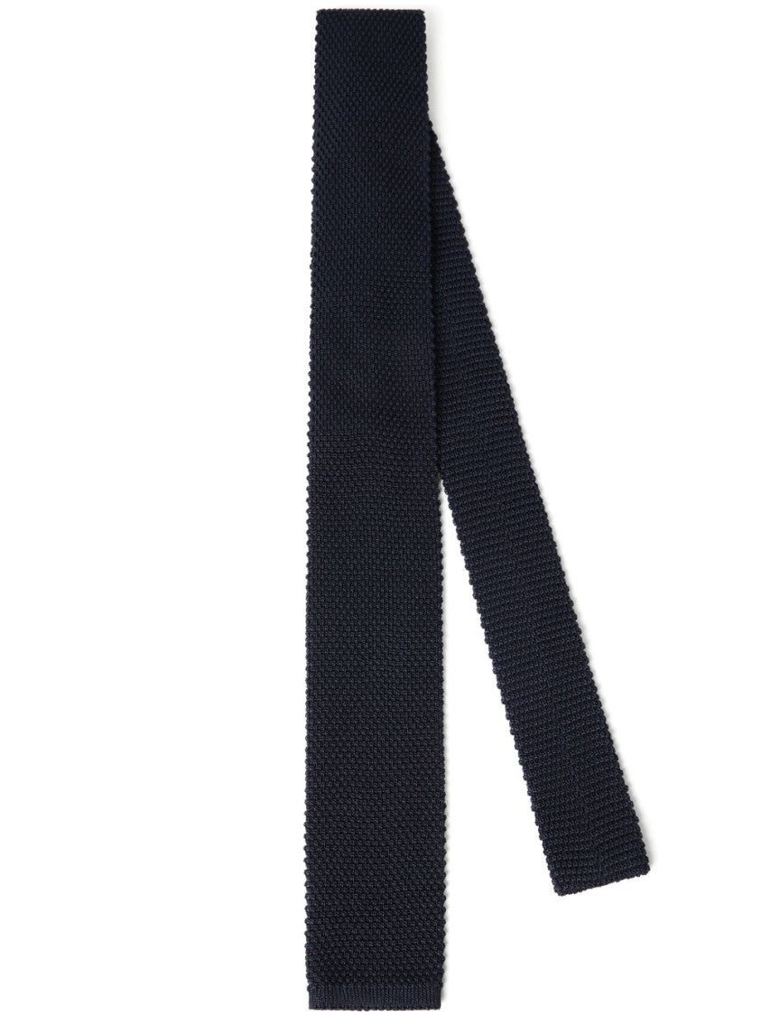 Brunello Cucinelli Textured Navy Knitted Tie With Squared Tip