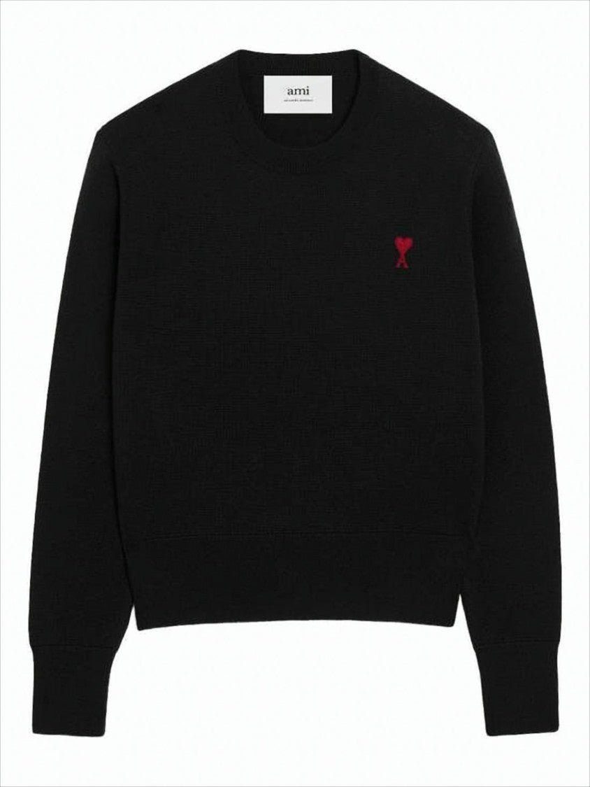 Ami Black Wool Sweater With Crew Neck