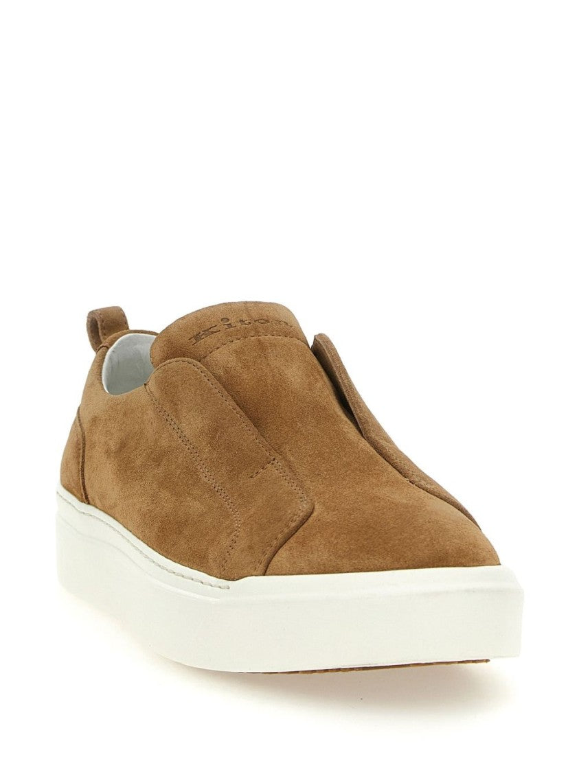 Kiton Cognac Brown Suede Slip-On Loafers With Logo-Debossed Tongue