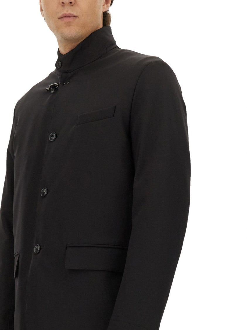 Fay High Collar Jacket With Unique Hook Closure And Flap Pockets