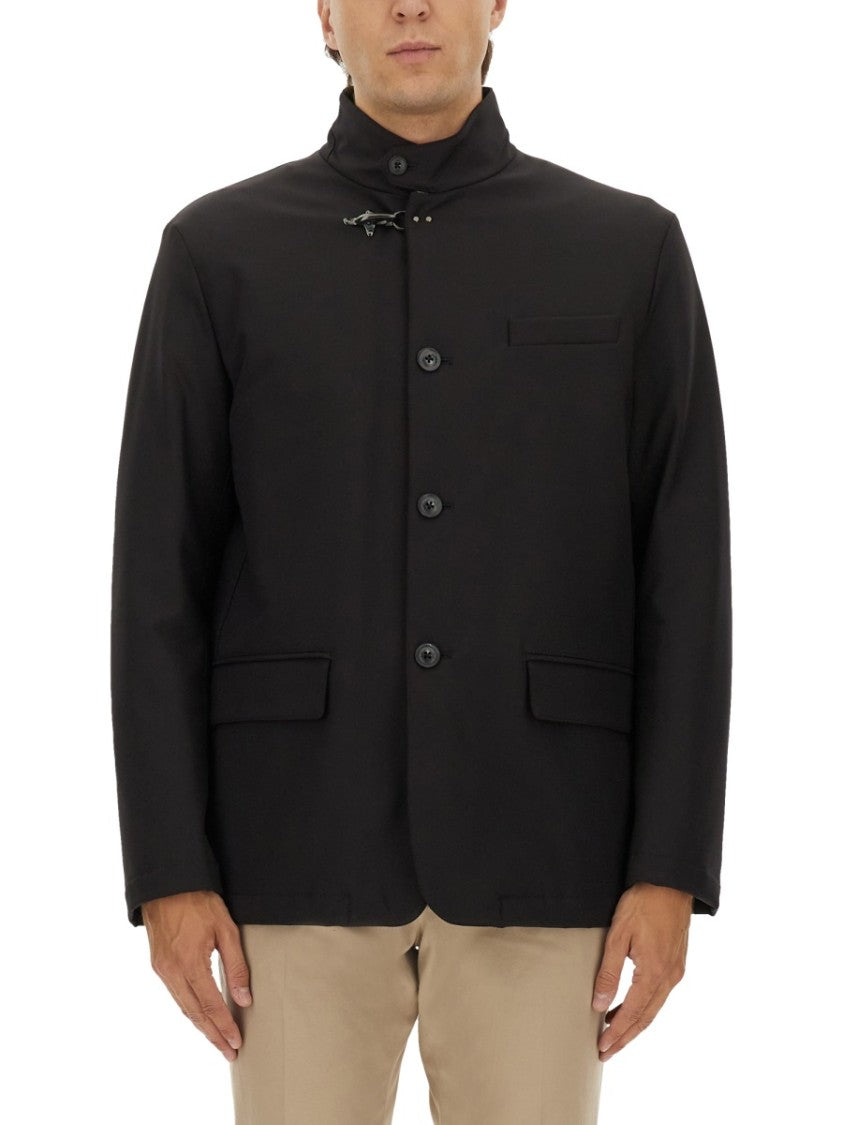 Fay High Collar Jacket With Unique Hook Closure And Flap Pockets