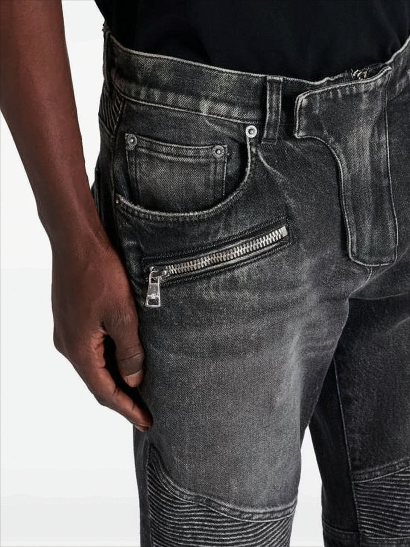 Balmain Slim Fit Distressed Denim Pants With Ribbed Detailing